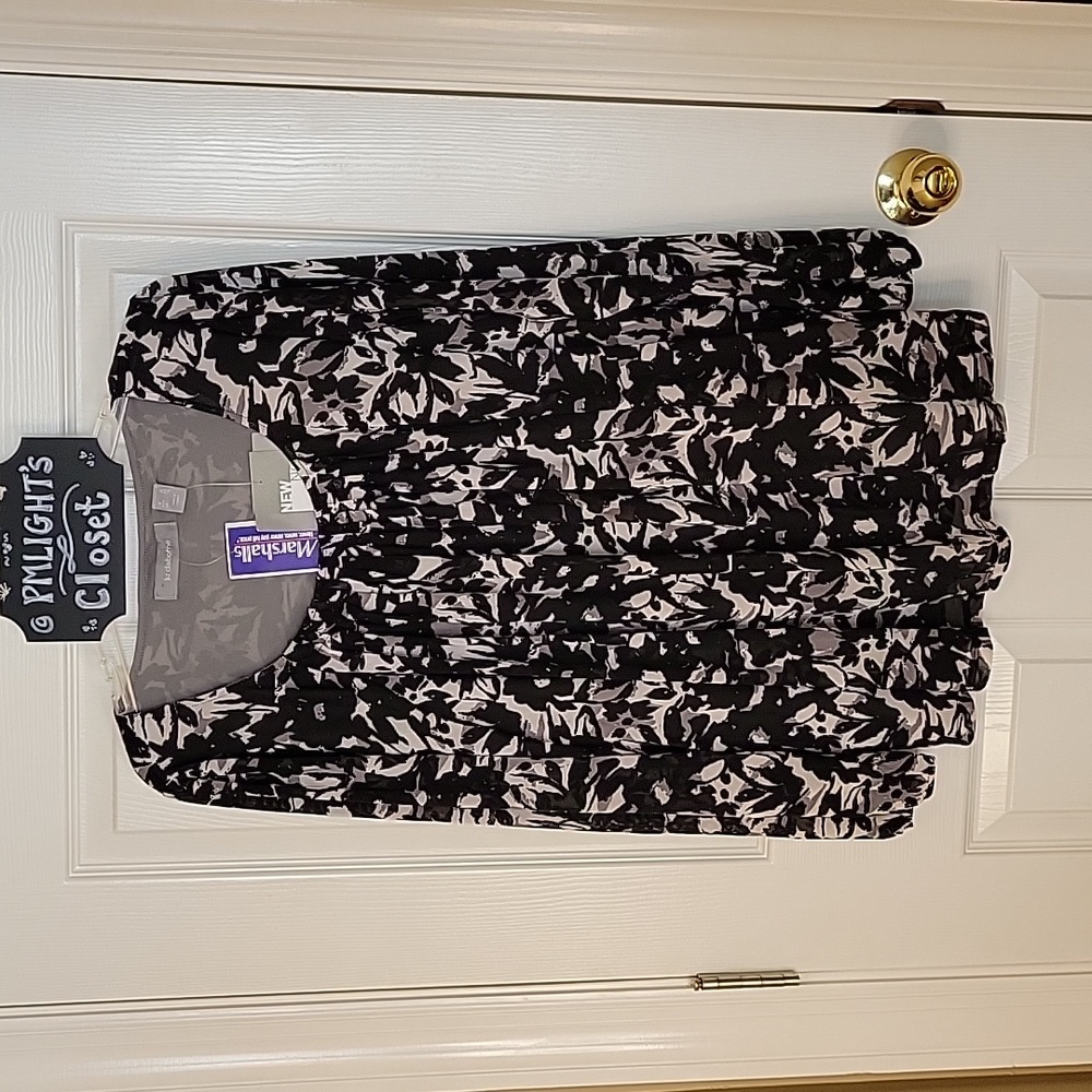 Liz Claiborne Blouse XL New Black White Gray Long Sleeve